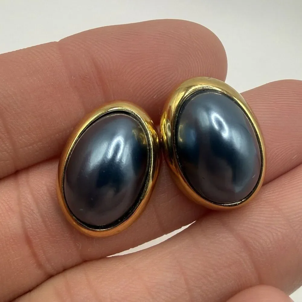 Vintage Richelieu Blue Gray Faux Pearl Domed Gold Tone Stud Retro Earrings Sign